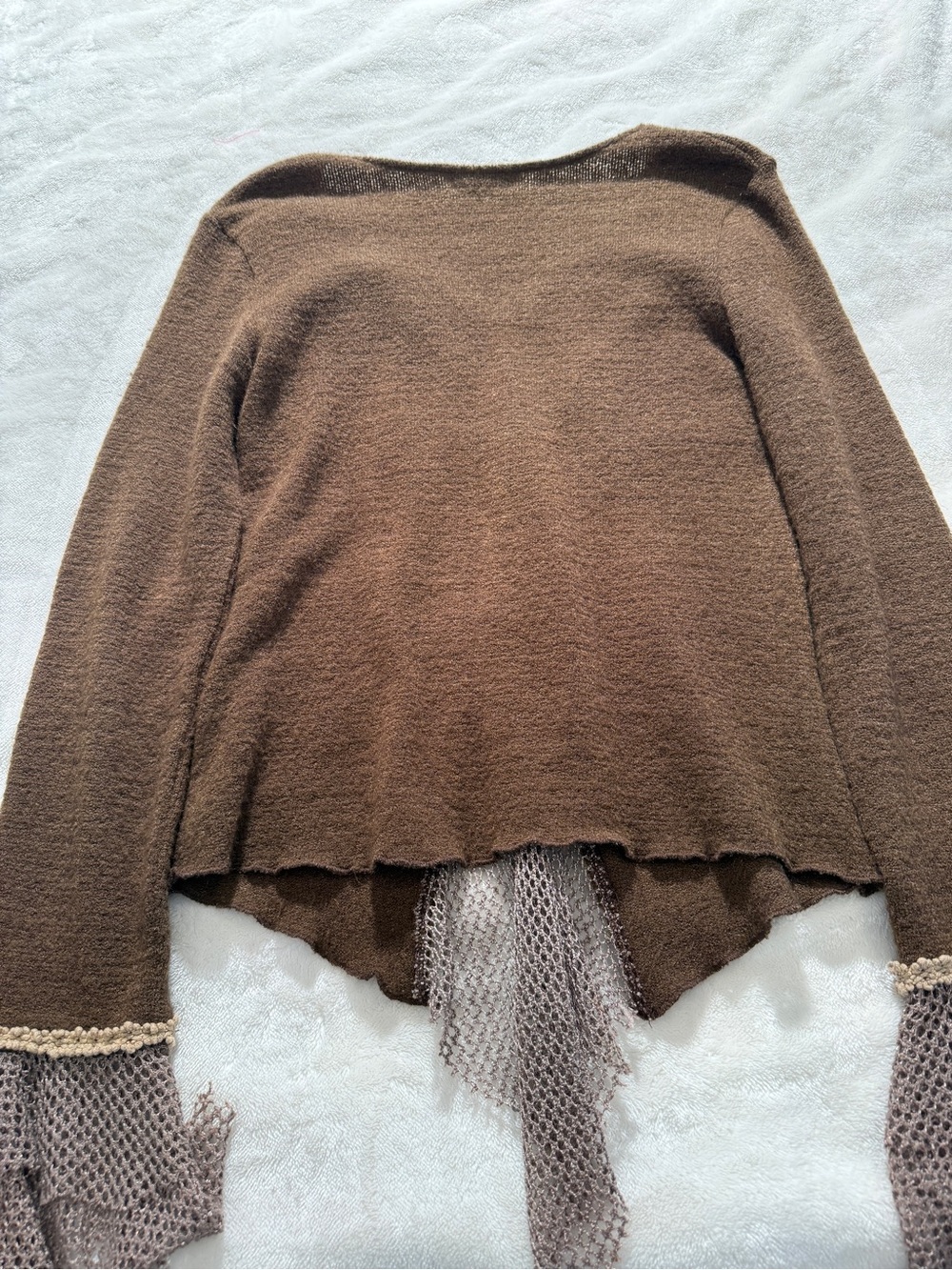 VTG Y2K Fairycore Brown Knit Top Floral Applique Fishnet Bell Sleeves Small DFML - Picture 8 of 8